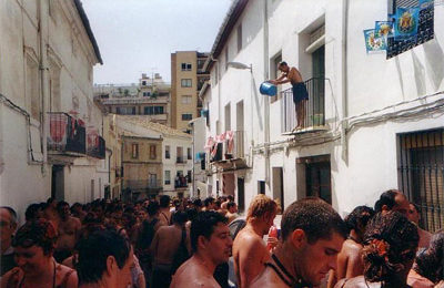 A douse of water on the crowd from above.